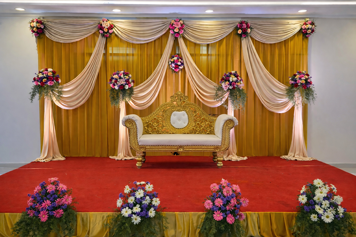 Elegant stage setup with floral arrangements at VJK Mahal Pallavaram Chennai
