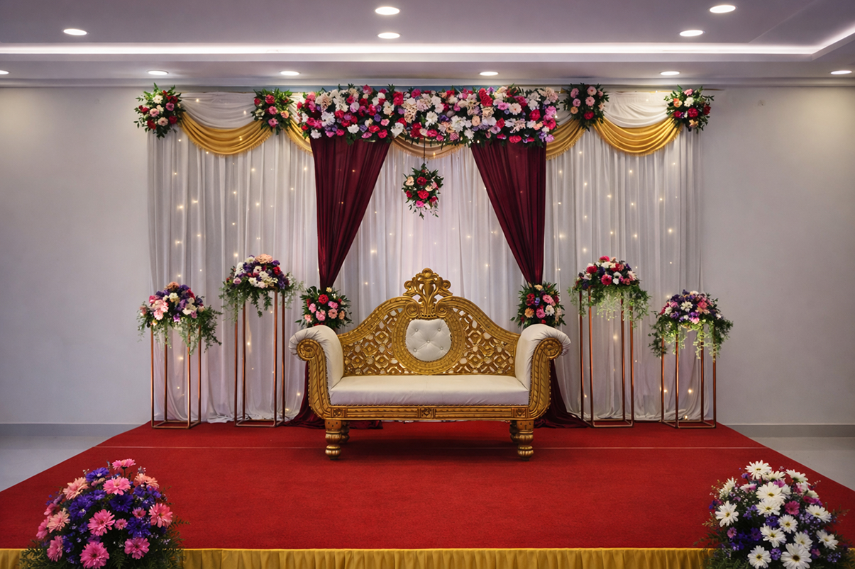 Wedding stage with golden sofa and backdrop at VJK Mahal banquet venue Pallavaram Chennai