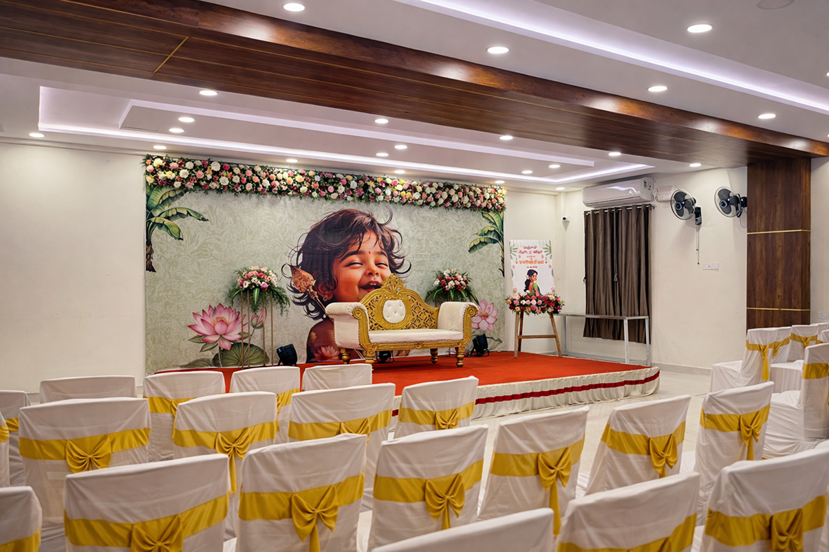 Event hall stage with decorative backdrop at VJK Mahal mini hall Pallavaram Chennai