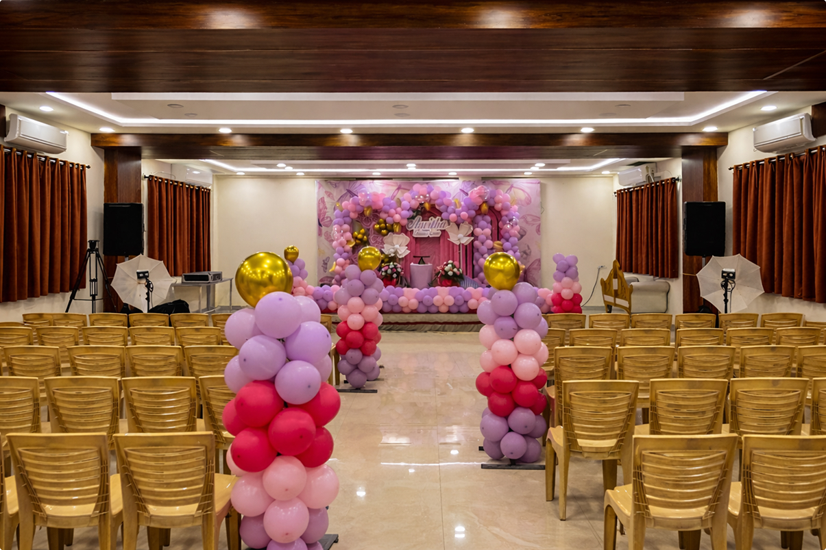 Celebration setup at VJK Mahal mini hall banquet venue Pallavaram Chennai